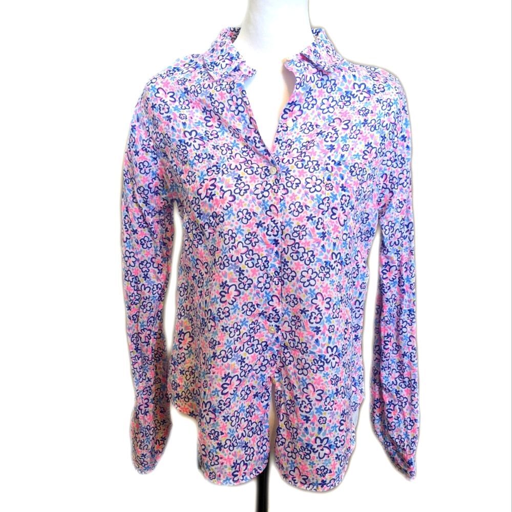 Lilly Pulitzer 100% linen floral print button down blouse, pink & blue, Small